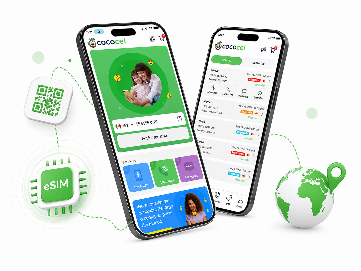 Teléfono mostrando la app de Cococel con eSIM activa